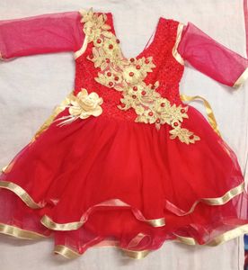 Red Party Dress with Gold Appliques