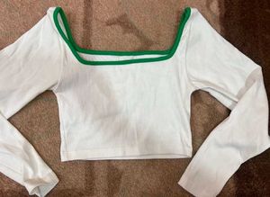 White & Green Trim Long Sleeve Crop Top