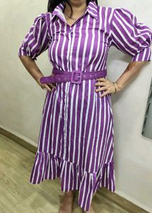 Ankel Length Puff Sleeves Dress With Belt