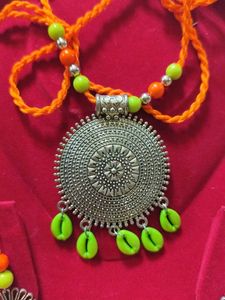 Orange Green Oxidised Necklace Set