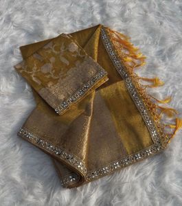 Pure Tissue Silk Golden Saree with Blouse Piece