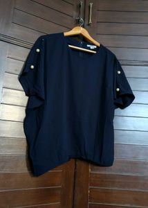 Solezia Women Pearl Sleeve Navy Blue Casual Top