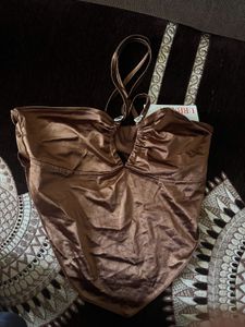 Brown Satin Halter Top