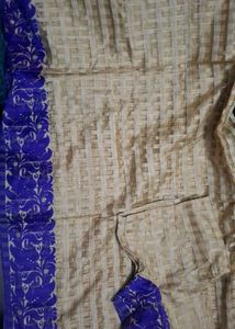 Cream Checked Saree with Royal Blue Floral Border