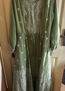 Olive Green Embroidered Dress with Jacket