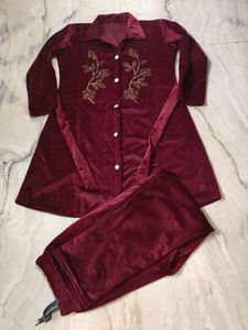 Maroon Velvet Embroidered Dress