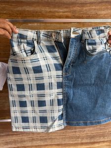 Unique Denim &amp; Plaid Mini Skirt
