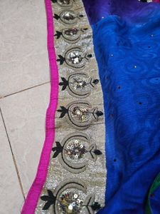 Blue Ombre Crepe Saree With Stitched Blouse