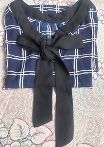 Blue Plaid Tie-Neck Top