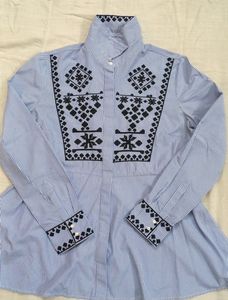 Blue Striped Embroidered Peplum Shirt