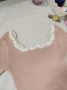 Blush Pink Top With Lace Neck