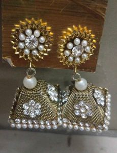 Gold Tone Jhumka Earrings with Pearls