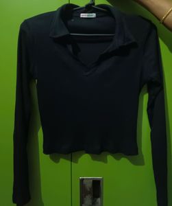 Black Ribbed Long Sleeve Crop Top