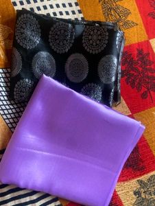 Satin Silk Purple Saree With Black Blouse Piece
