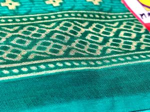 Green Cotton Printed Saree With Blouse &amp; Peticoat