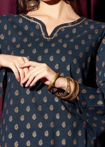 Navy &amp; Gold Printed Kurta Set