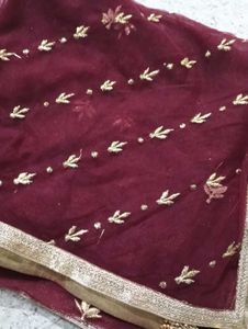 Bridal Maroon &amp; Gold Embroidered Dupatta
