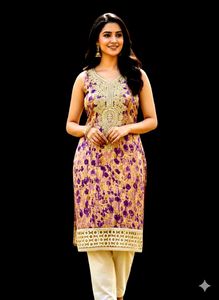 Light Voilet Embroidered Sleeveless Kurti