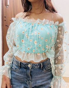 Combo Of Tulle Daisy, Blue, Black Slippers &amp; Top