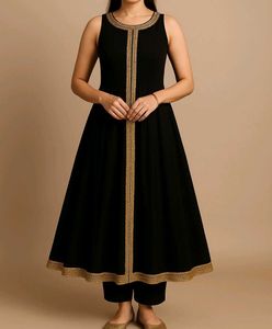 Sleeveless Anarkali-Black With Gold Border