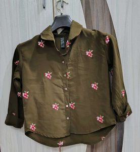 Olive Green Floral Button Down