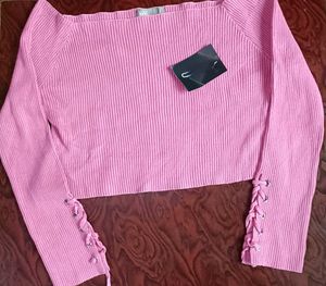 ASOS Pink Ribbed Lace-Up Crop Sweater