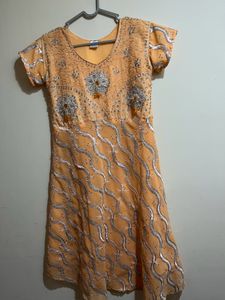 Orange, silver Anarkali For Women And Girls