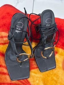 Black Heeled Sandals with Gold Detail