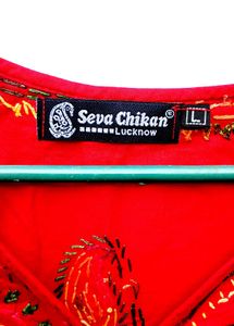 Handwork Chikenkari Red Embroidered Kurta