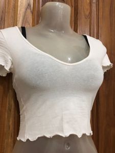 White Ruffle Trim Crop Top
