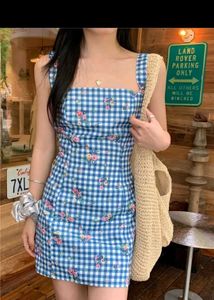 blue gingham printed micro mini dress