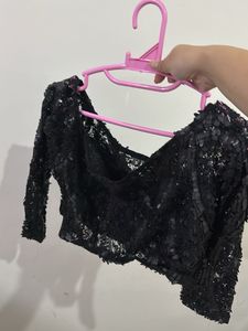 Sequin Embellished Black Crop Off shoulder Top