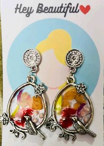 Silver Jhumka Earrings with Real Flower Inlay