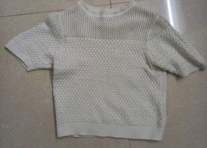 Women Off White Round Neck Half Sleeve Crochet Top