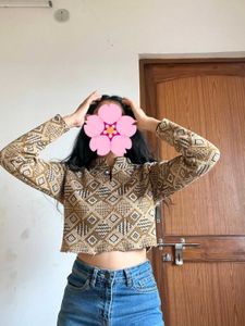 Patterned Long Sleeve Crop Top