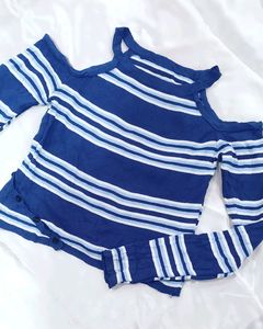 Blue Ribbed Striped Off Shoulder Short Top