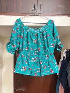 “Tokyo Talkies” Green Floral Clinched Waist Top