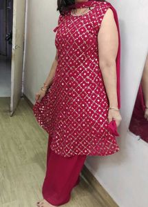 Pink Mirror Work Plazzo Kurta Set