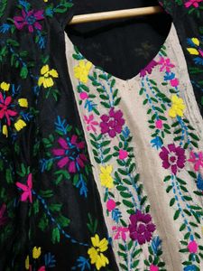 Women Black Cotton Silk Fulkari Embroidery Kurta