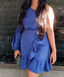 Blue One-Shoulder Ruffle Dress