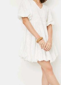 White Embroidered Puff Sleeve Mini Dress