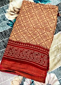 Red And Nude Color Cotton Mulmul Saree