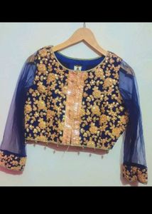 Navy Blue Blouse &amp; Golden Skirt Set For 36 Bust