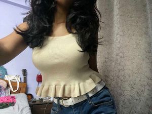 Cream Ruffle Hem Tank Top