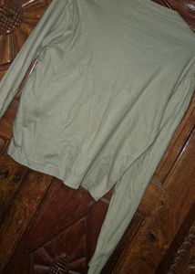 Olive Green Ribbed Graphic Full-Sleeve T-Shirt