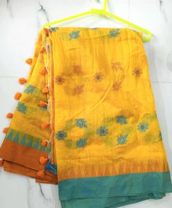 Yellow Floral Cotton Saree🥻🧡