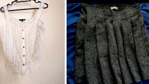 White Eyelet Top & Pleated Tweed Skirt