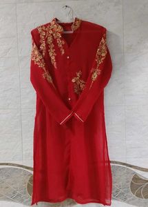 Red &amp; Gold Embroidered Kurti