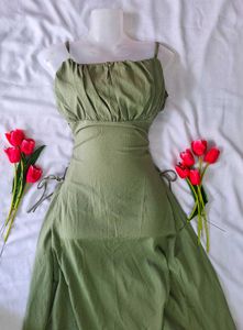 Ruched Bust Lace Up Olive Classy Dress