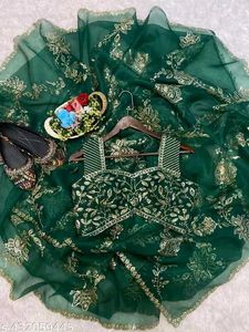 Mehndi  Special Green Saree Attached With Blouse